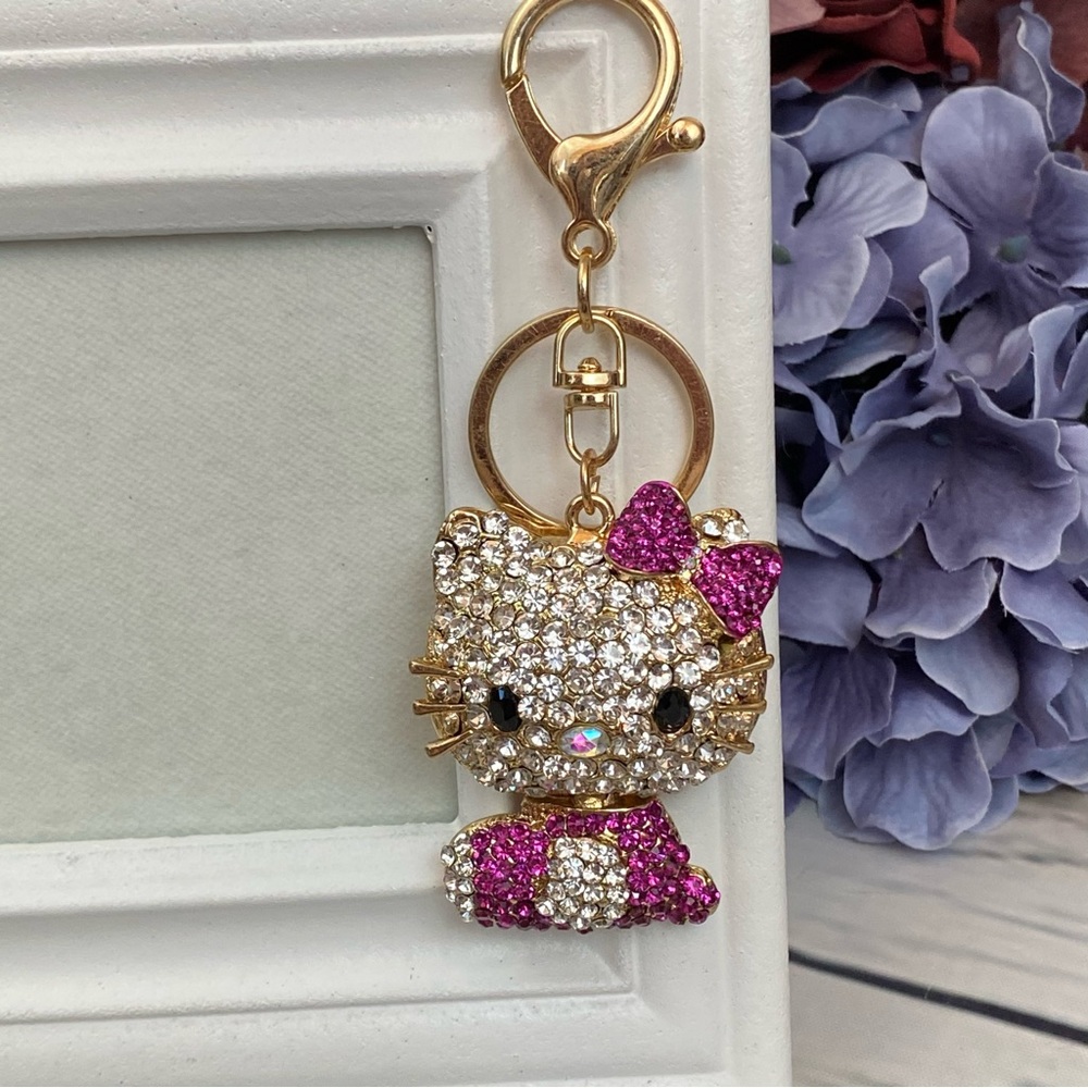 Hello Kitty with Deep Pink Crystal Dress & Bow Keychain Charm - Picture 2 of 11